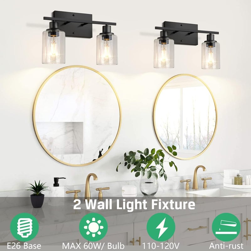 SHINETECH 2-Light Bathroom Vanity Light Fixtures, Modern Wall Lighting with Clear Glass Shade, Matte Black Finished Wall Sconce Lighting for Mirror - Image 2